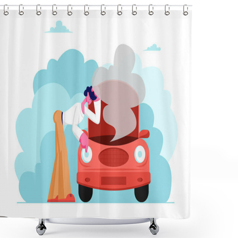 Personality  Upset Male Character In Road Accident With Broken Car, Man Looking Under Transport Hood With Smoke Going Out, Repair Mechanic Shower Curtains