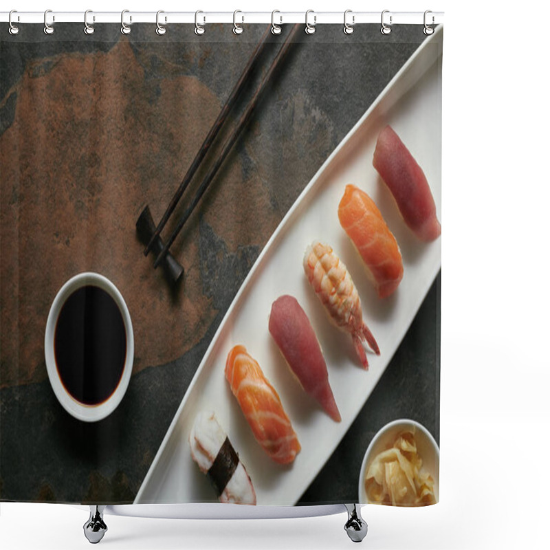 Personality  Top View Of Assorted Nigiri Sushi Set, Chopsticks And Soya Sauce On White Plate On Dark Surface Shower Curtains