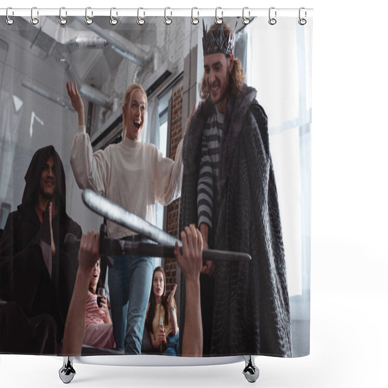 Personality  Men In Costume Of King Fighting With Knight With Toy Swords Near Friends  Shower Curtains