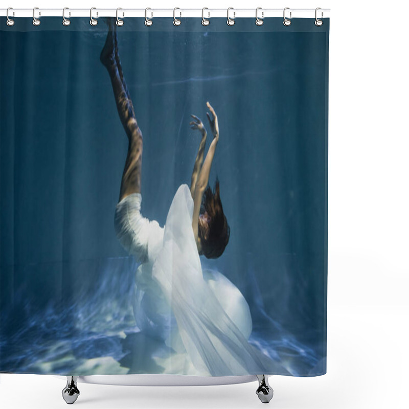 Personality  Lighting On Young Graceful Woman In White Dress Diving In Pool With Blue Water  Shower Curtains