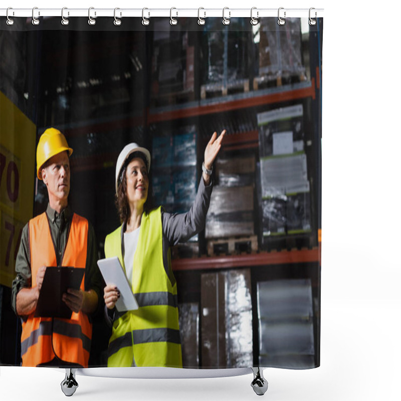 Personality  Happy Warehouse Employee With Tablet Pointing Away Near Supervisor In Hard Hat And Safety Vest Shower Curtains