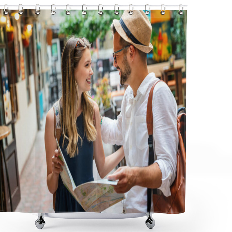 Personality  Portrait Of Happy Young Couple Having Fun On Vacation. People Travel Happiness Concept. Shower Curtains