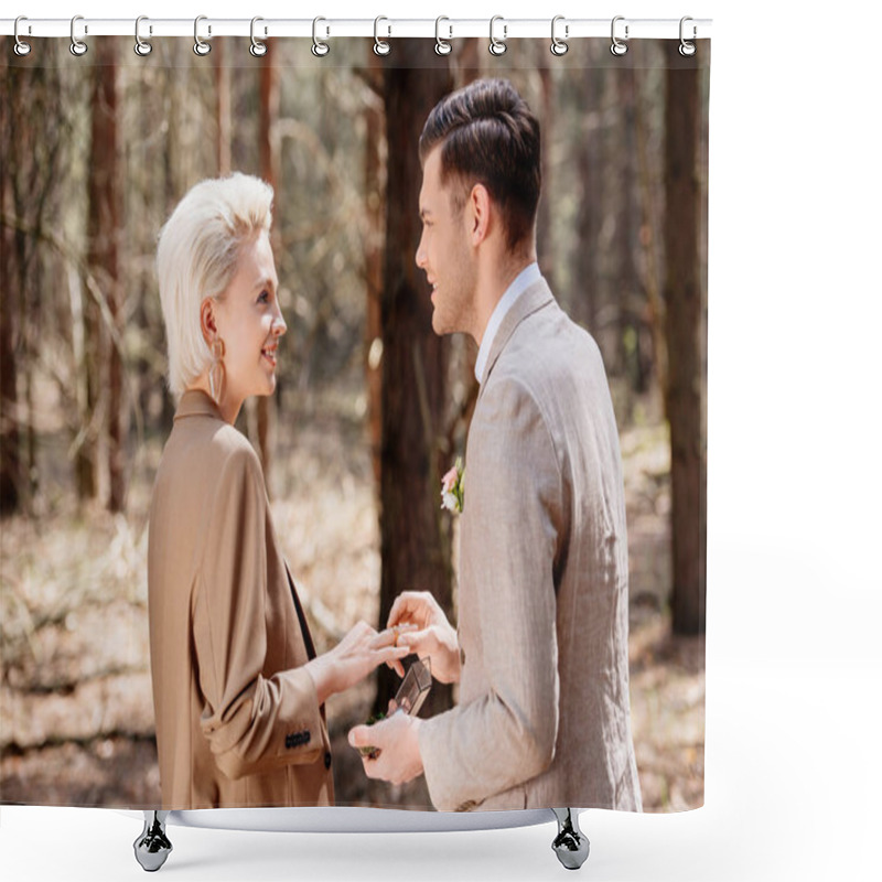 Personality  Side View Of Smiling Man Proposing To Woman In Forest Shower Curtains