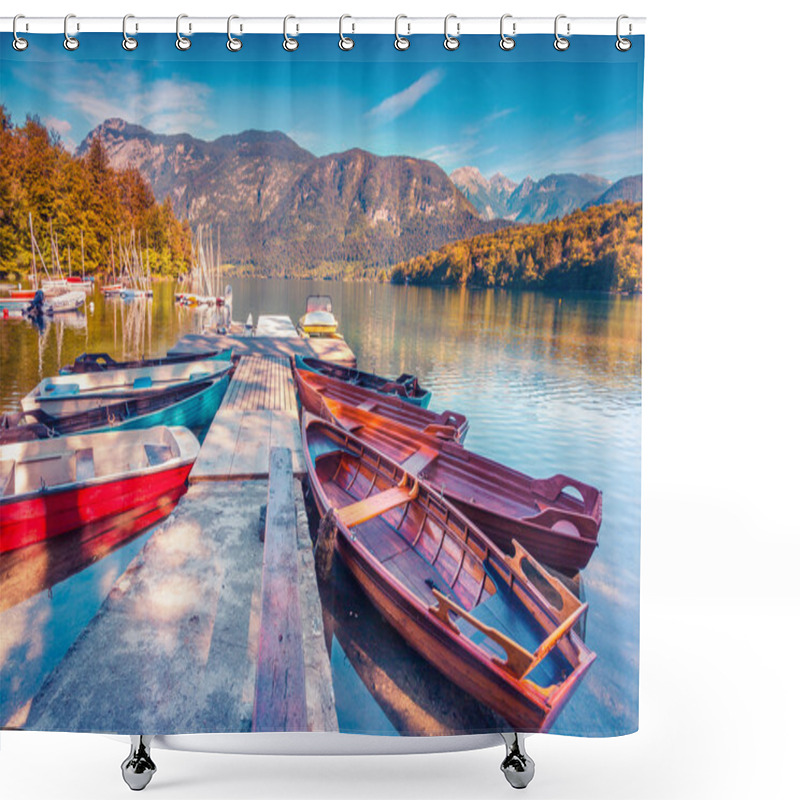 Personality  Morning On The Bohinj Lake With Boats Shower Curtains