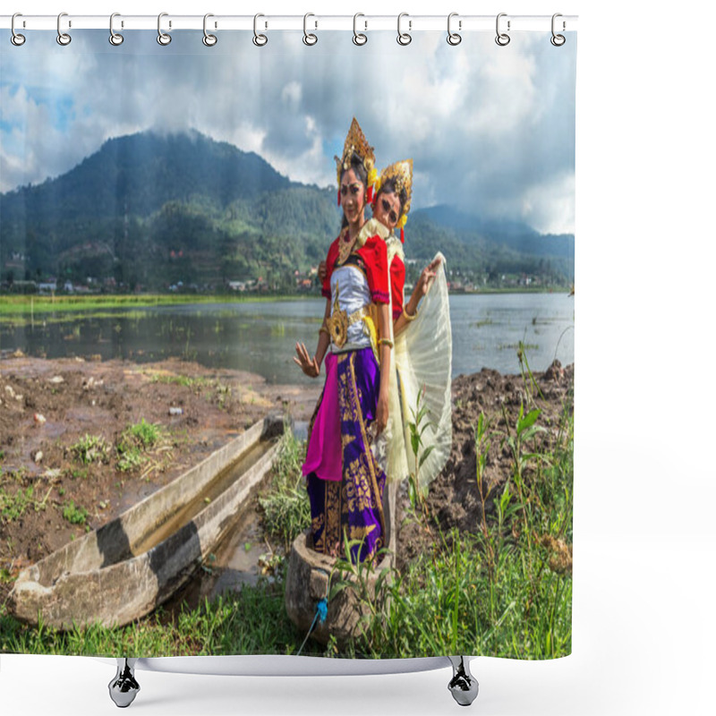 Personality  Portrait Of Two Young Balinese Traditional Girls On The Lake In The Old Boat In Bali, Indonesia. June 2018 Shower Curtains