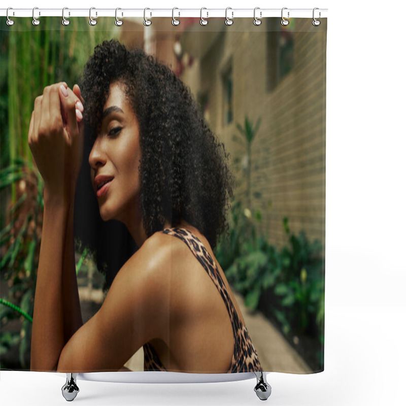 Personality  Beautiful African American Curly Woman In Chic Attire Smiling And Posing Around Green Plants Shower Curtains