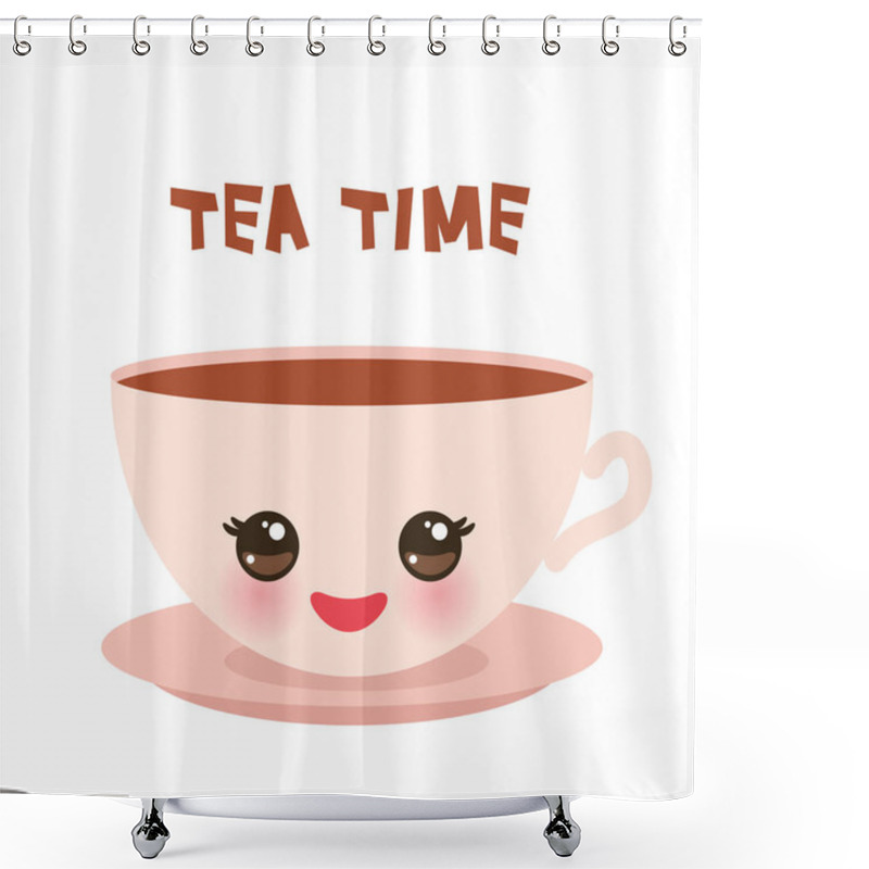 Personality  Cute Pink Kawai Cup, Isolated On White Background. Tea Time Banner Template For Your Text, Card Design. Vector Illustration Shower Curtains