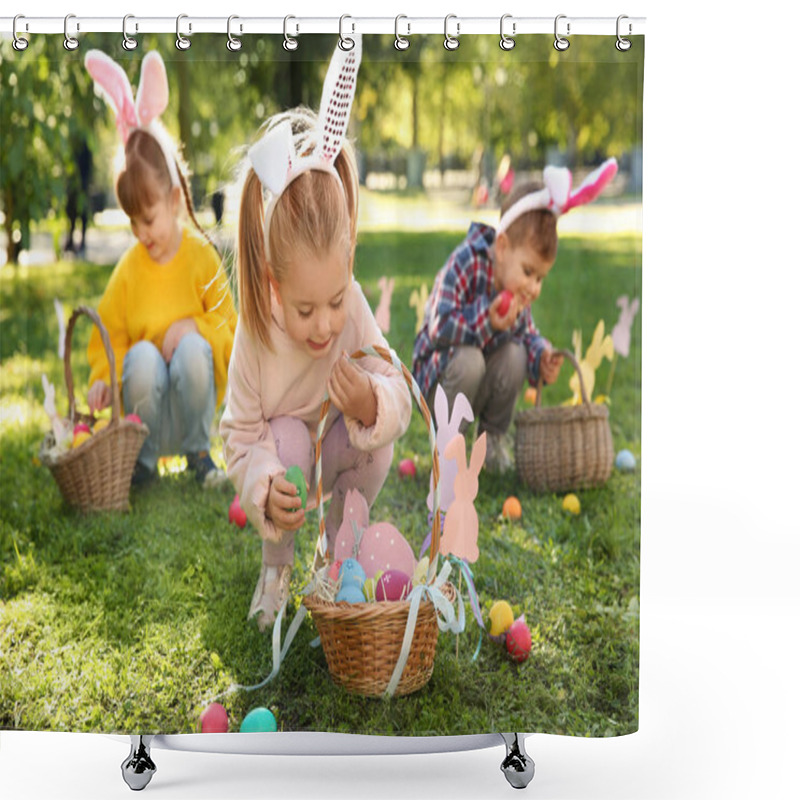 Personality  Cute Little Children Hunting Eggs In Park. Easter Tradition Shower Curtains