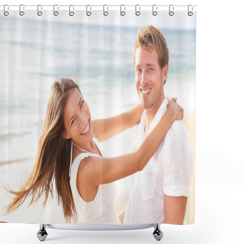 Personality  Happy Couple On Beach In Love Having Fun Shower Curtains