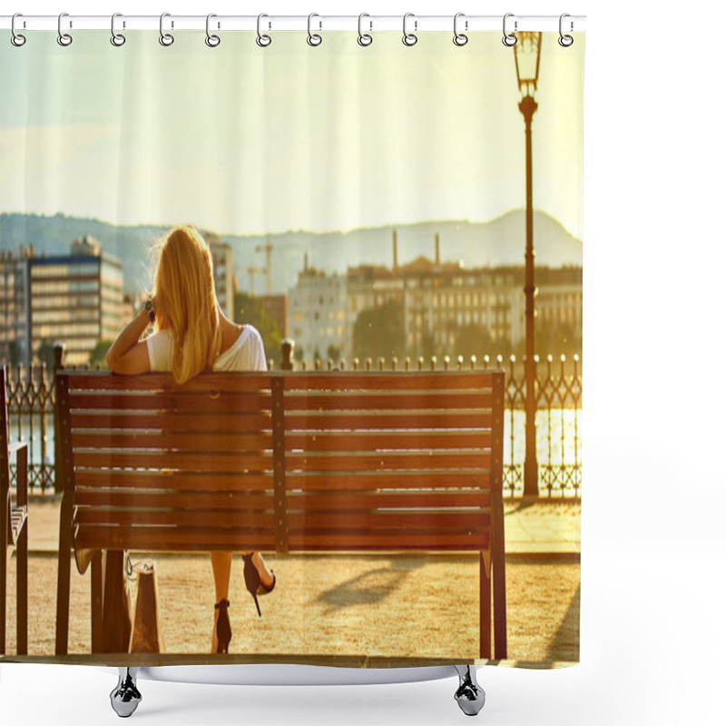 Personality  Young Woman Siting On A Bench On The Riverside Shower Curtains