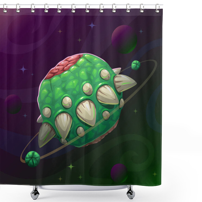 Personality  Cartoon Creepy Monster Planet With Spikes And Jaws On The Dark Space Background. Shower Curtains