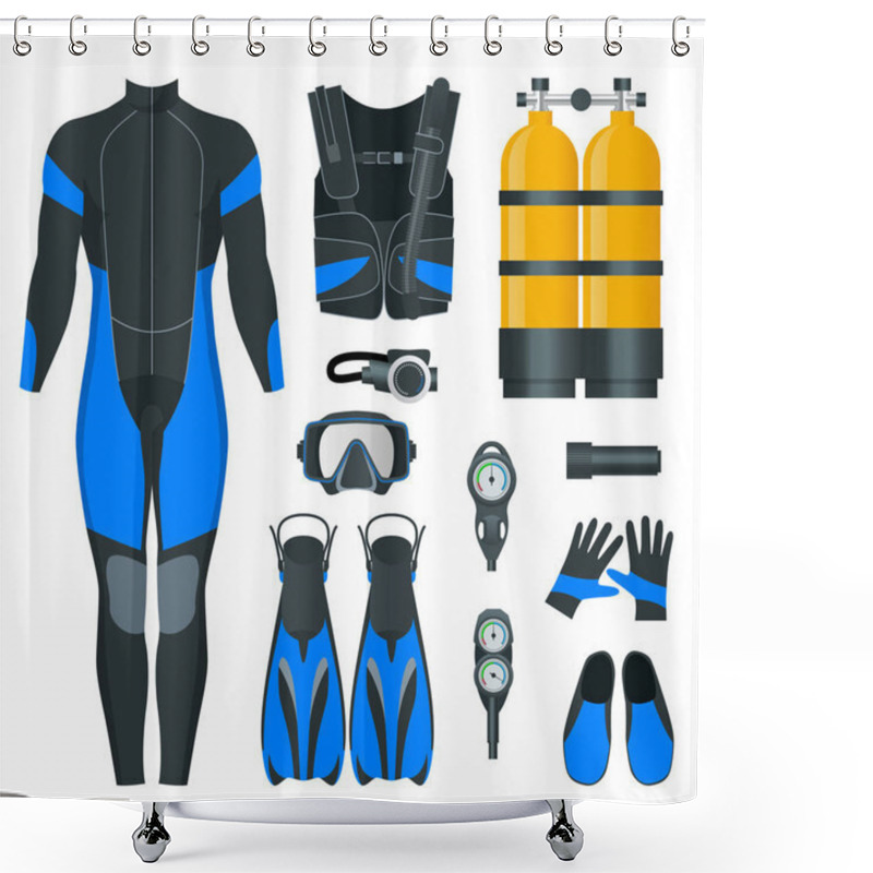 Personality  Man S Scuba Gear And Accessories. Equipment For Diving. IDiver Wetsuit, Scuba Mask, Snorkel, Fins, Regulator Dive Icons. Underwater Activity Diving Equipment And Accessories. Underwater Sport. Shower Curtains