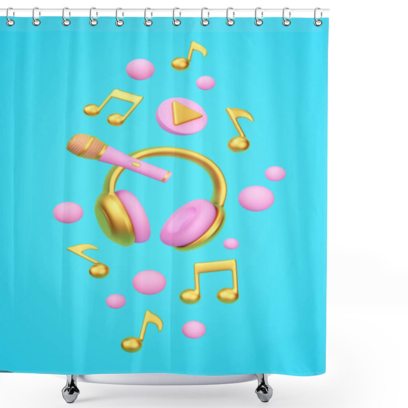 Personality  Gold And Pink Headphones, Microphone And Musical Notes Flying Over Blue Background. 3D Rendering Shower Curtains