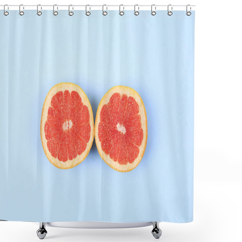 Personality  Fresh Red Grapefruit Slice On Blue Background Shower Curtains