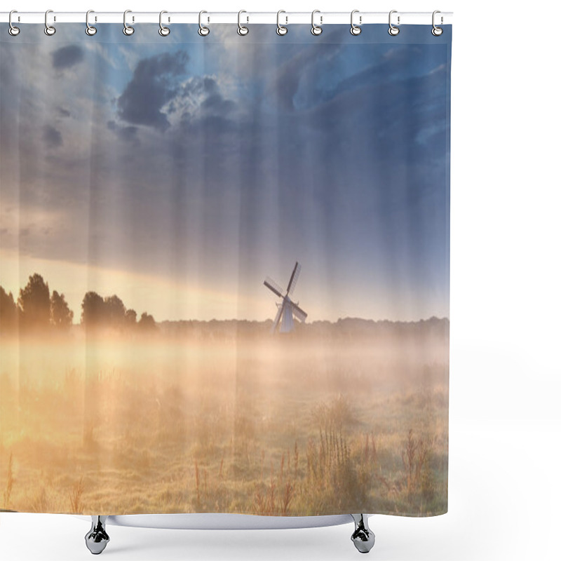 Personality  Windmill In Fog At Sunrise Shower Curtains