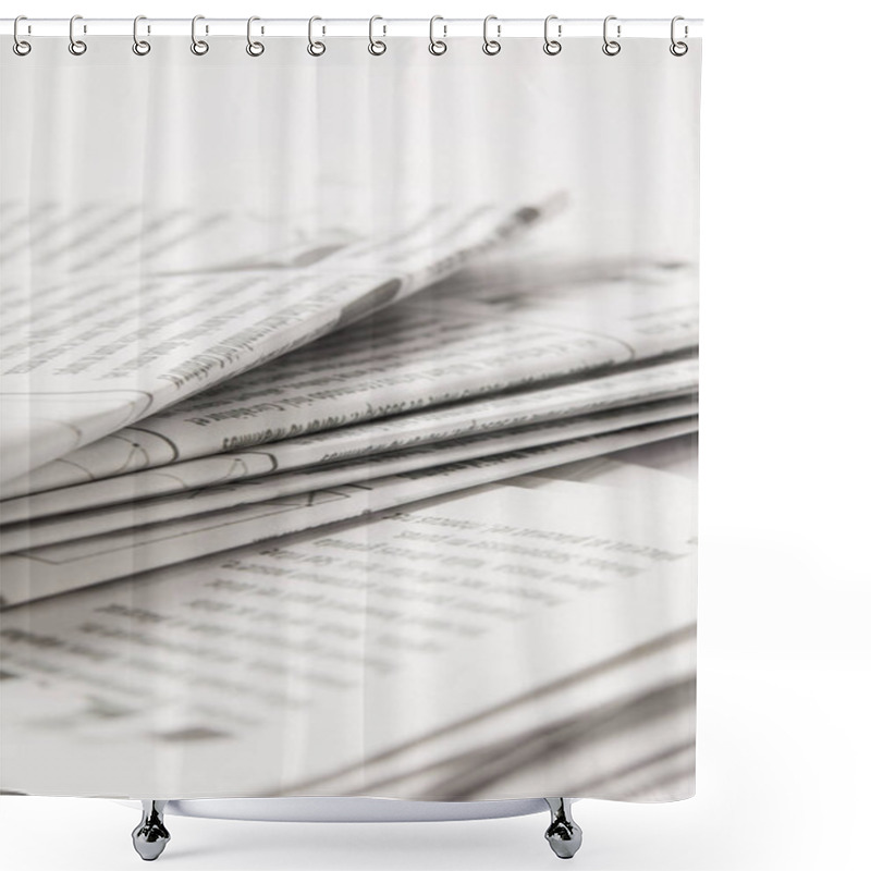 Personality  Close Up Of Heap Of Daily Newspapers With Information, On White Shower Curtains