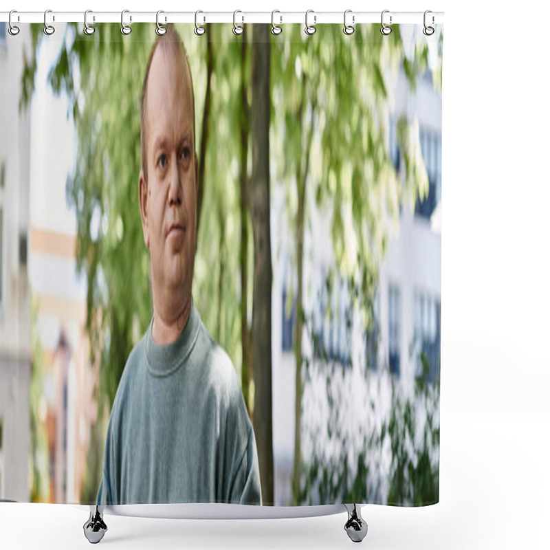 Personality  A Man With Inclusivity Stands Outside On A Sunny Day In An Urban Setting, Looking Directly At The Camera. Shower Curtains