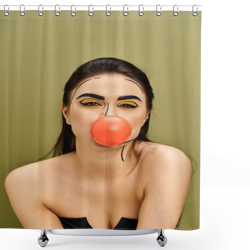 Personality  Brunette Woman Adorned With Pop Art Makeup Blowing Bubble Gum Shower Curtains