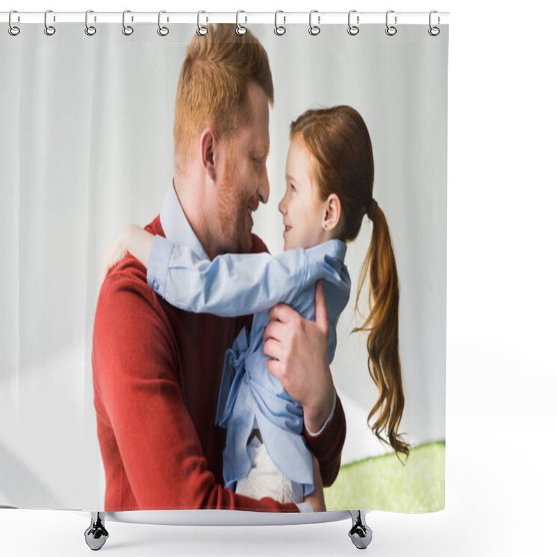 Personality  Happy Redhead Father And Daughter Hugging And Smiling Each Other On Grey Shower Curtains