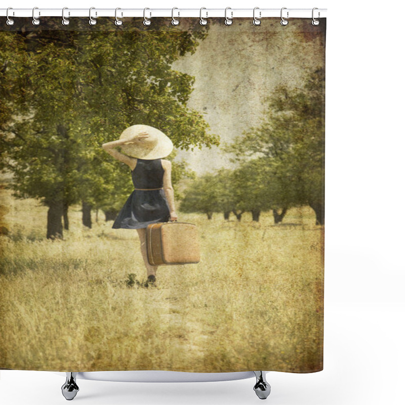 Personality  Redhead Girl With Suitcase At Country. Shower Curtains