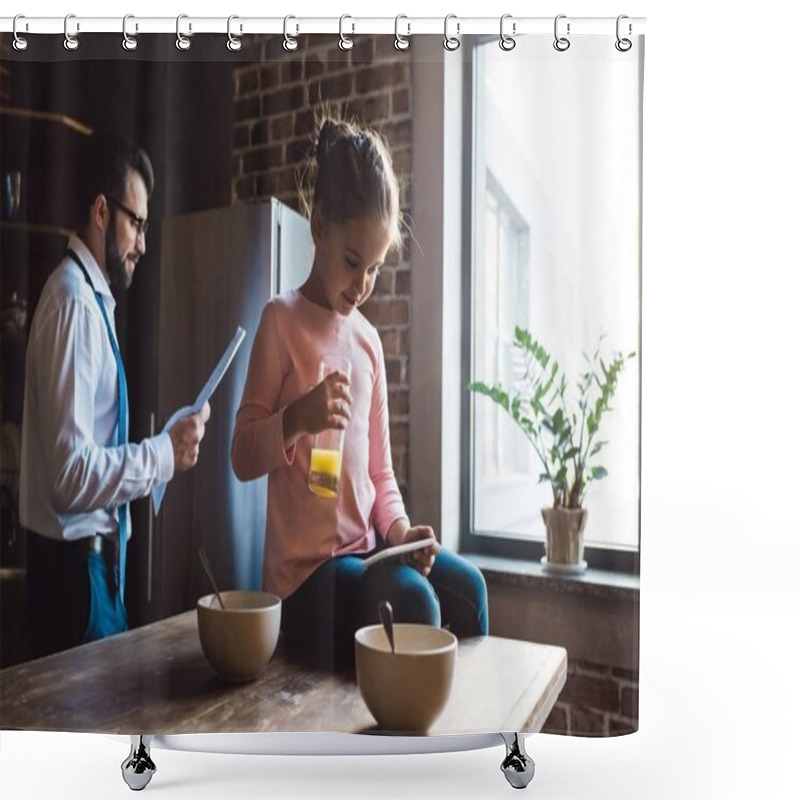 Personality  father and daughter on kitchen at morning shower curtains