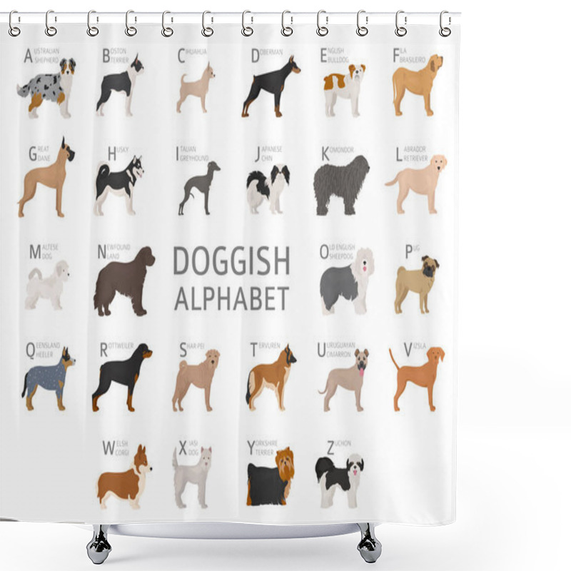 Personality  Doggish Alphabet For Dog Lovers. Letters Of The Alphabet With The Names Of The Dog Breeds. Vector Illustration Shower Curtains