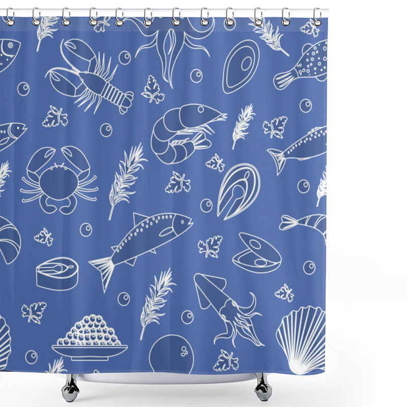 Personality  Seafood Seamless Pattern. Fish Food Endless Background, Texture. Hand Drawing, Sketch, Line, Doodle Style. Vector Illustration. Shower Curtains