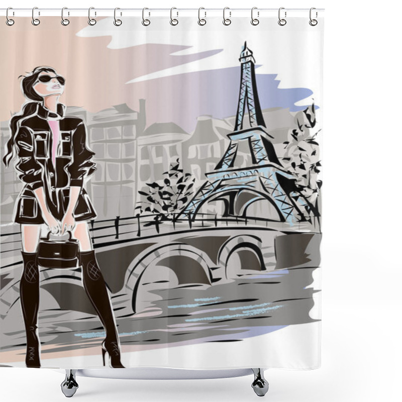 Personality  Fashion Woman In Paris Near Eiffel Tower Shower Curtains