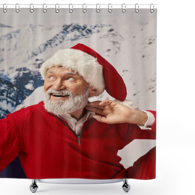 Personality  Portrait Of Cheerful Man In Santa Costume With Hand Near Neck Looking Away, Winter Concept Shower Curtains