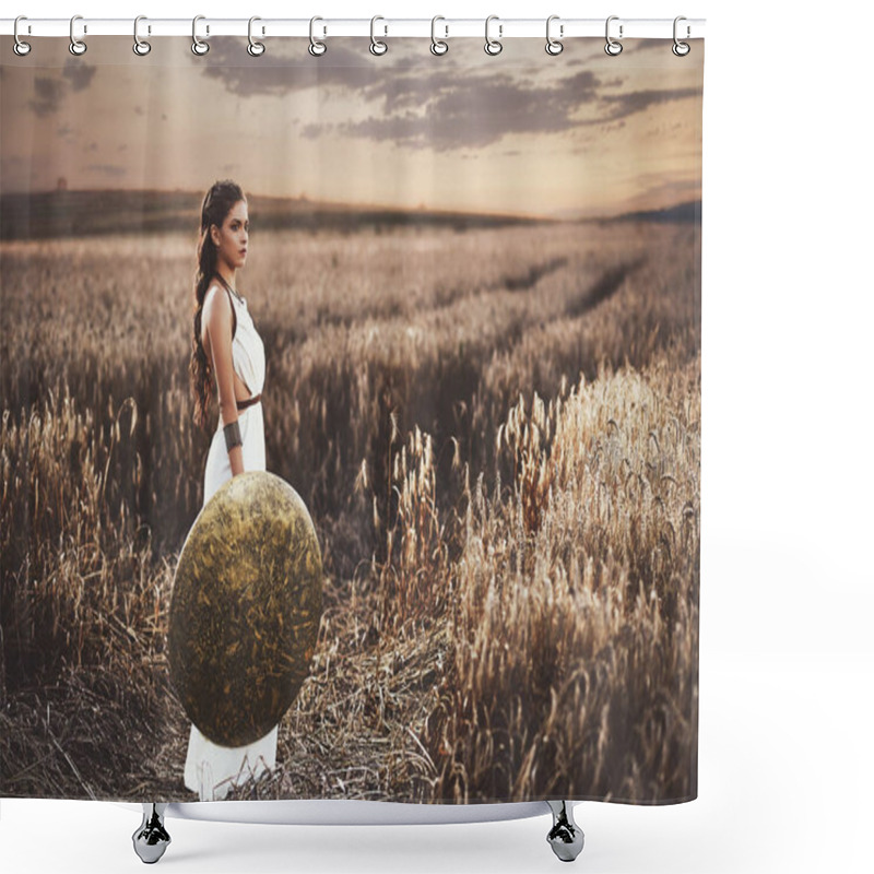 Personality  Brunette Wearing In Dress Like Greece Style Holding Shield. Shower Curtains