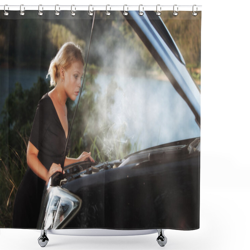 Personality  Portrait Of Young Beautiful Woman With Broken Car Aside Shower Curtains