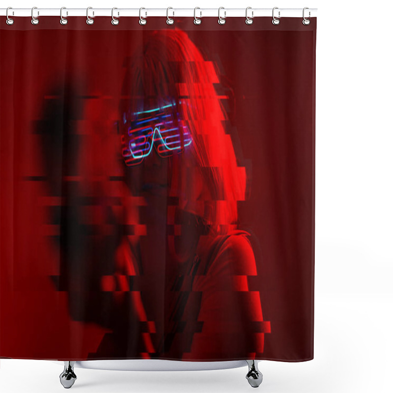 Personality  Girl With Blaster In The Futuristic Battle. Concept Virtual Reality, Cyber Game. Image With Glitch Effect. Shower Curtains