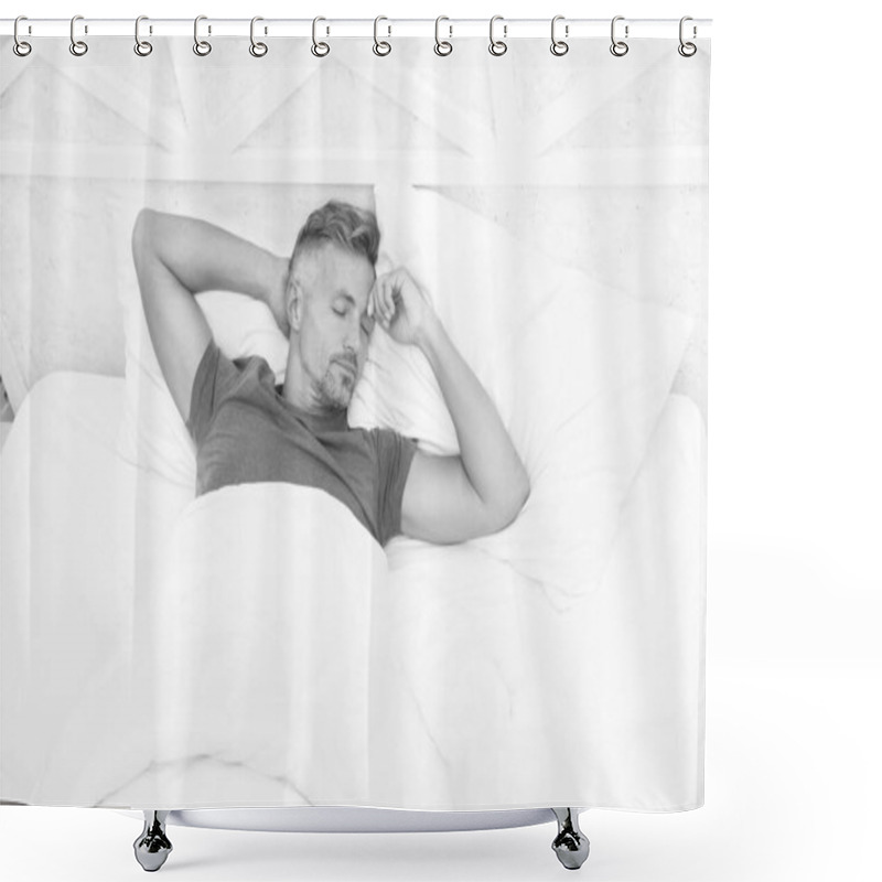 Personality  Breathe Easily, Sleep Well. Handsome Man In Bed. Sleeping Guy At Home. Relaxed Man. Promote Prevention And Management Of Sleep Disorders. World Sleep Day. Benefits Of Good And Healthy Sleep Shower Curtains