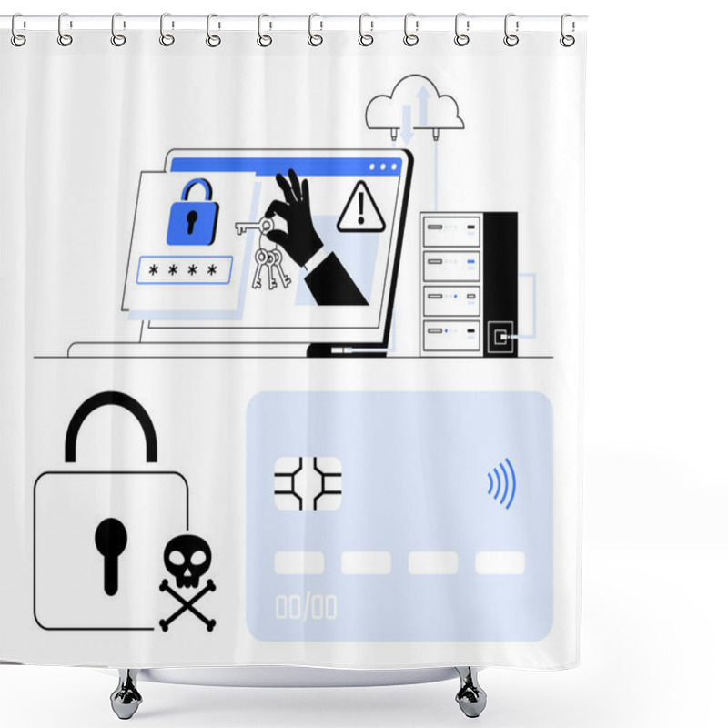 Personality  Laptop With Hacking Visuals, Credit Card With Lock, Warning Icons, Server Stack, And Cloud. Ideal For Cybercrime Awareness, Data Security, Fraud Prevention, Encryption Cloud Security Hacker Shower Curtains