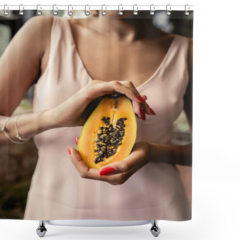 Personality  Cropped View Of Blurred Young African American Woman In Summer Dress Holding Cut Papaya While Standing In Blurred Orangery, Woman In Summer Outfit Posing Near Lush Tropical Plants, Summer Concept Shower Curtains