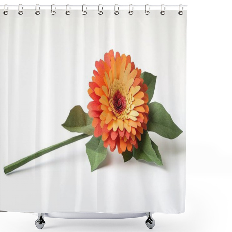 Personality  A Beautiful, Detailed Paper Cut Of An Orange And Red Gerbera Daisy With Green Leaves On The Stem. The Flower Is Lying Flat Against A White Background. There Should Be No Shadows Or Lighting Effects In Front Of It. It's A Flat Cutout Of Real Flowers.  Shower Curtains