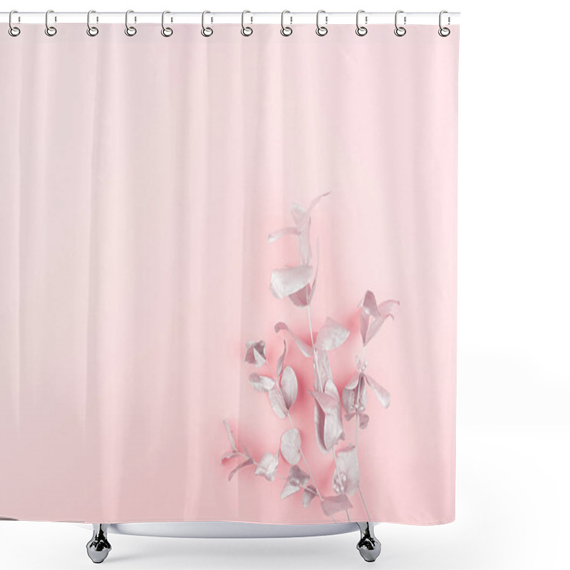 Personality  Elegant Silver Eucalyptus Leaves As Festive Decorative Border On Soft Light Pastel Pink Background, Copy Space, Top View. Shower Curtains