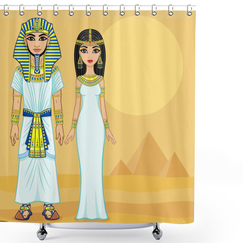 Personality  Animation Egyptian Family In Ancient Clothes. Full Growth. Background - The Desert And Pyramids. Shower Curtains