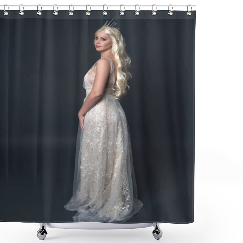 Personality  Full Length Portrait Of Beautiful Women With Long Blonde Hair, Wearing Fantasy  Princess Crown And Elegant White Ball Gown, Standing Pose With Hand Gesture. Isolated On Dark Grey Studio Background. Shower Curtains