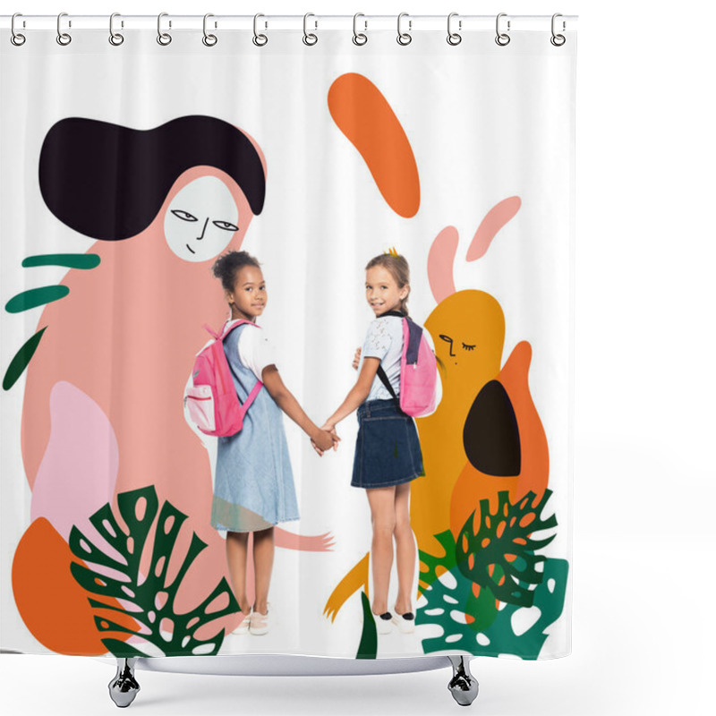 Personality  Multicultural Schoolgirls With Backpacks Holding Hands And Looking At Camera Near Magic Characters Illustration On White  Shower Curtains