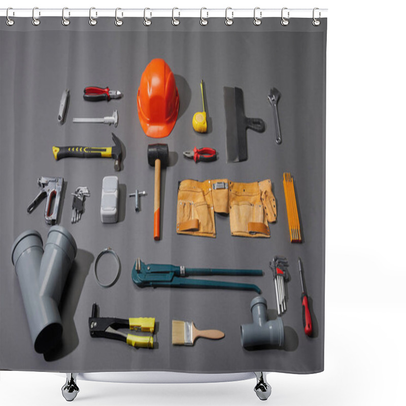 Personality  Flat Lay With Industrial Tools, Helmet, And Tool Belt On Grey Background Shower Curtains