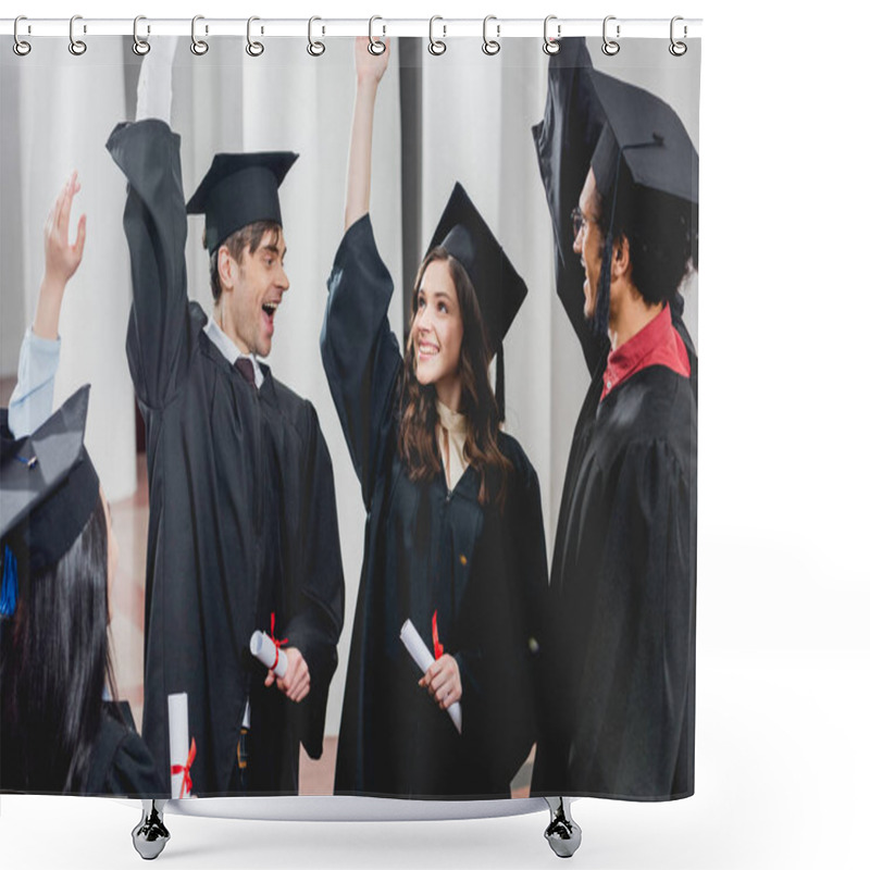 Personality  Smiling Group On Students In Graduation Gowns Holding Diplomas And Putting Hands Above Head  Shower Curtains