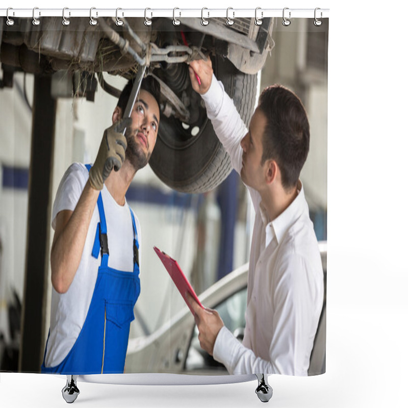 Personality  Assessor And Repair Man Examine Car Shower Curtains