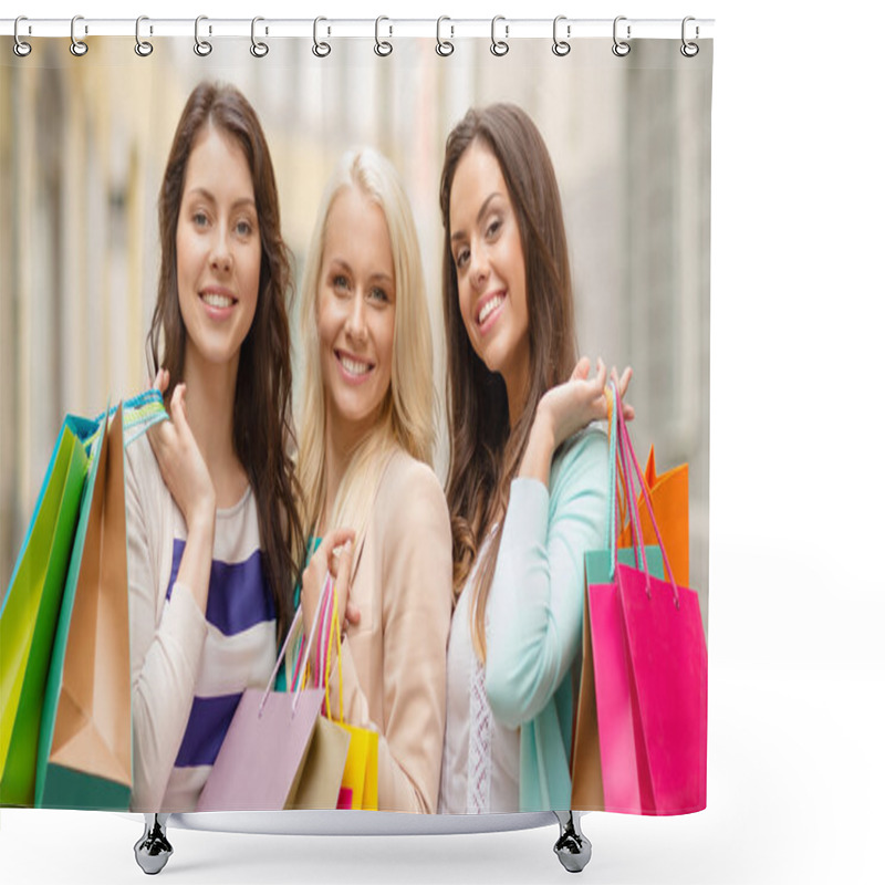 Personality  Three Smiling Girls With Shopping Bags In Ctiy Shower Curtains