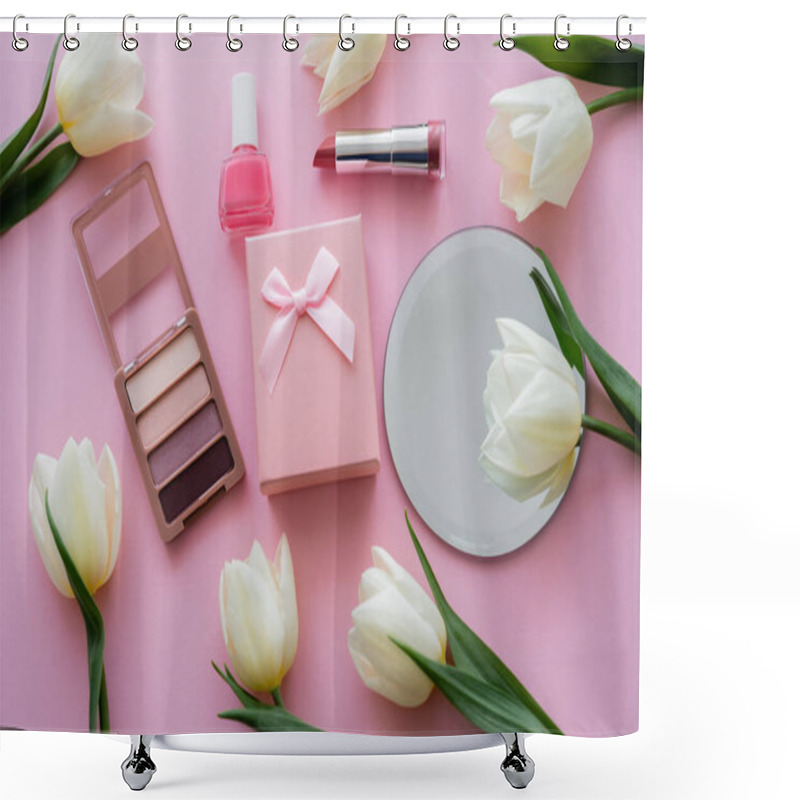 Personality  Top View Of White Flowers, Gift Box And Decorative Cosmetics On Pink Shower Curtains