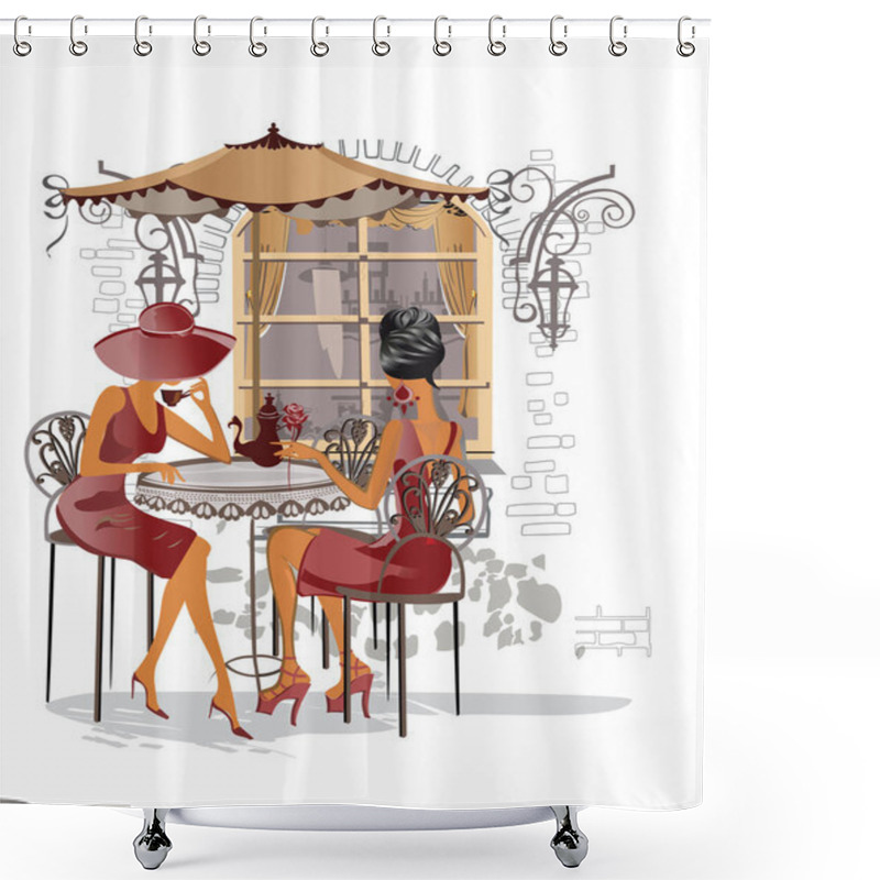 Personality  Series Of Street Cafes In The City With People Drinking Coffee. Girl In The Street Cafe.  Shower Curtains