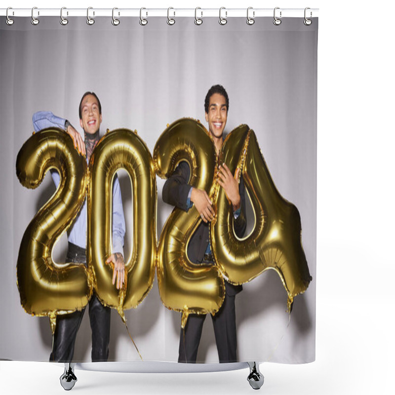 Personality  Happy Interracial Male Friends Holding Balloons With 2024 Numbers During Party, New Year Concept Shower Curtains