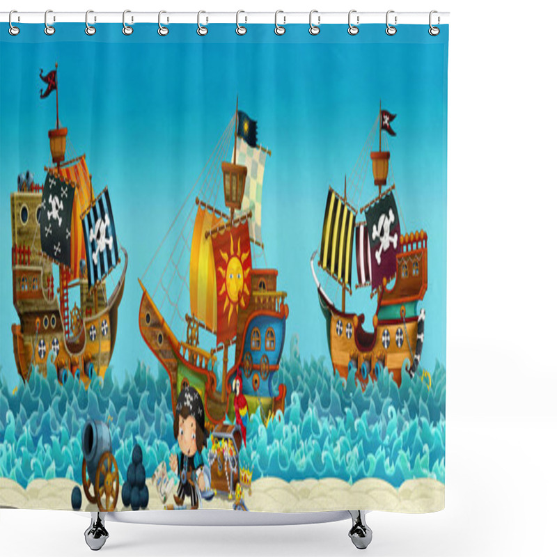 Personality  Cartoon Scene Of Beach Near The Sea Or Ocean - Pirate Captain On The Shore And Treasure Chest - Pirate Ships - Illustration For Children Shower Curtains