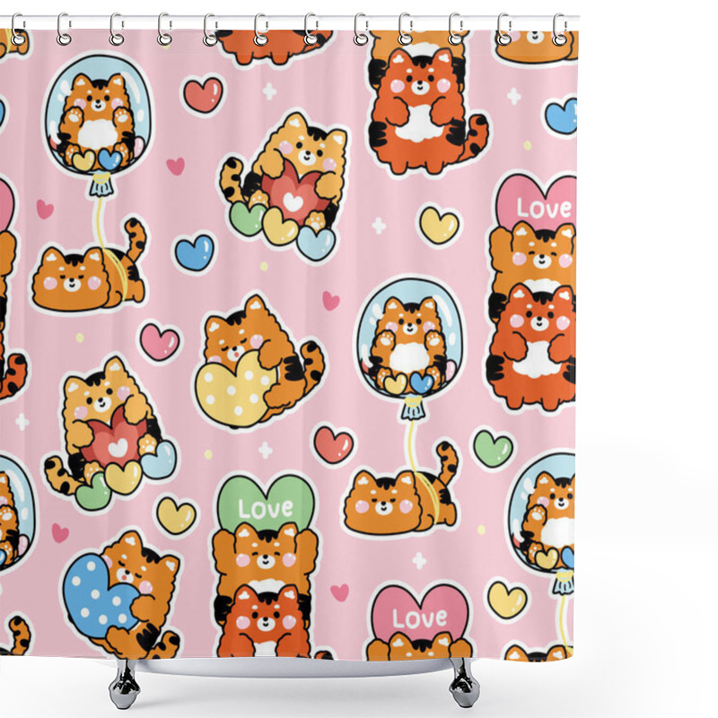 Personality  Seamless Pattern Of Cute Tiger With Heart In Various Poses Pink Background.Balloon.Valentines Day.Love.Wild Animal Character Cartoon Design.Kawaii.Vector.Illustration. Shower Curtains