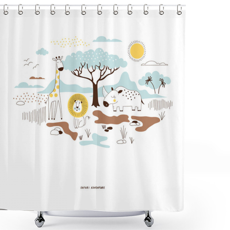 Personality  Decorative Yellow And Blue Savannah Wildlife Illustration Shower Curtains